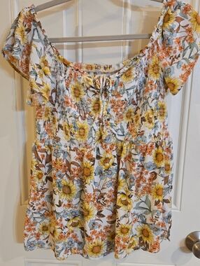 Maurices White Floral Smocked Peasant Top with Yellow & Orange Sunflowers